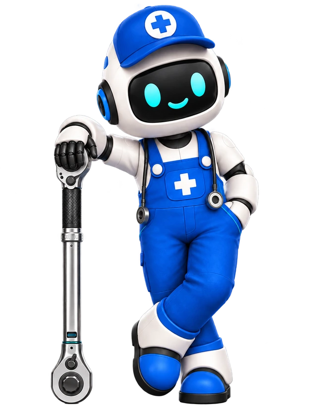 The AutoMedic robot guide in blue overalls with a wrench
